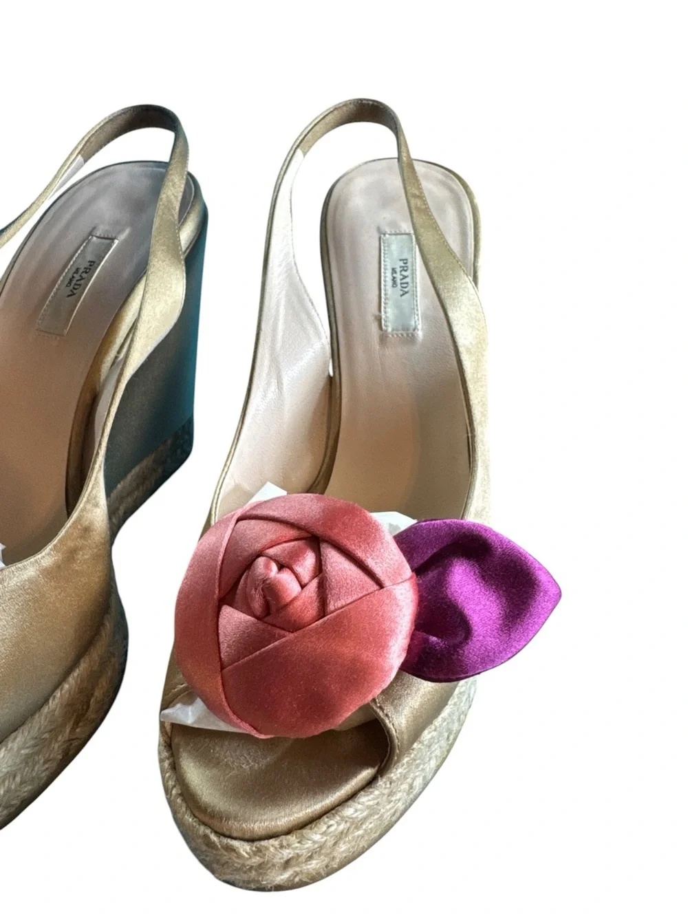Prada Milano Champagne Satin  Rose Espadrille Wedge  Sandals Size 36 US 6